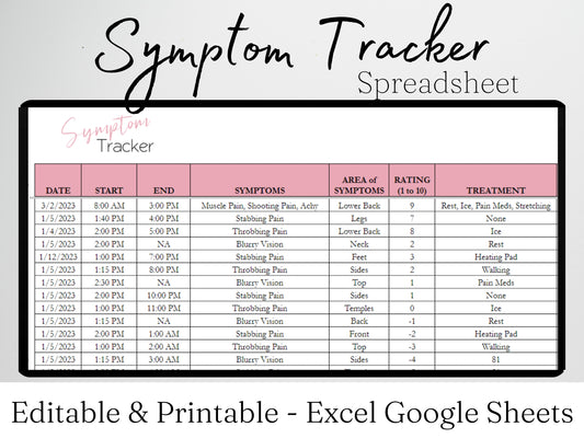 Symptom Tracker Template Google Sheets and Excel Spreadsheet