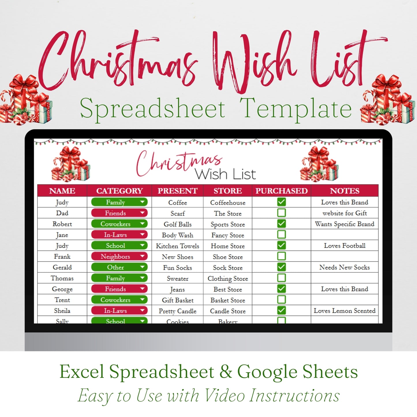 Christmas Wish List Template Google Sheets and Excel Spreadsheet