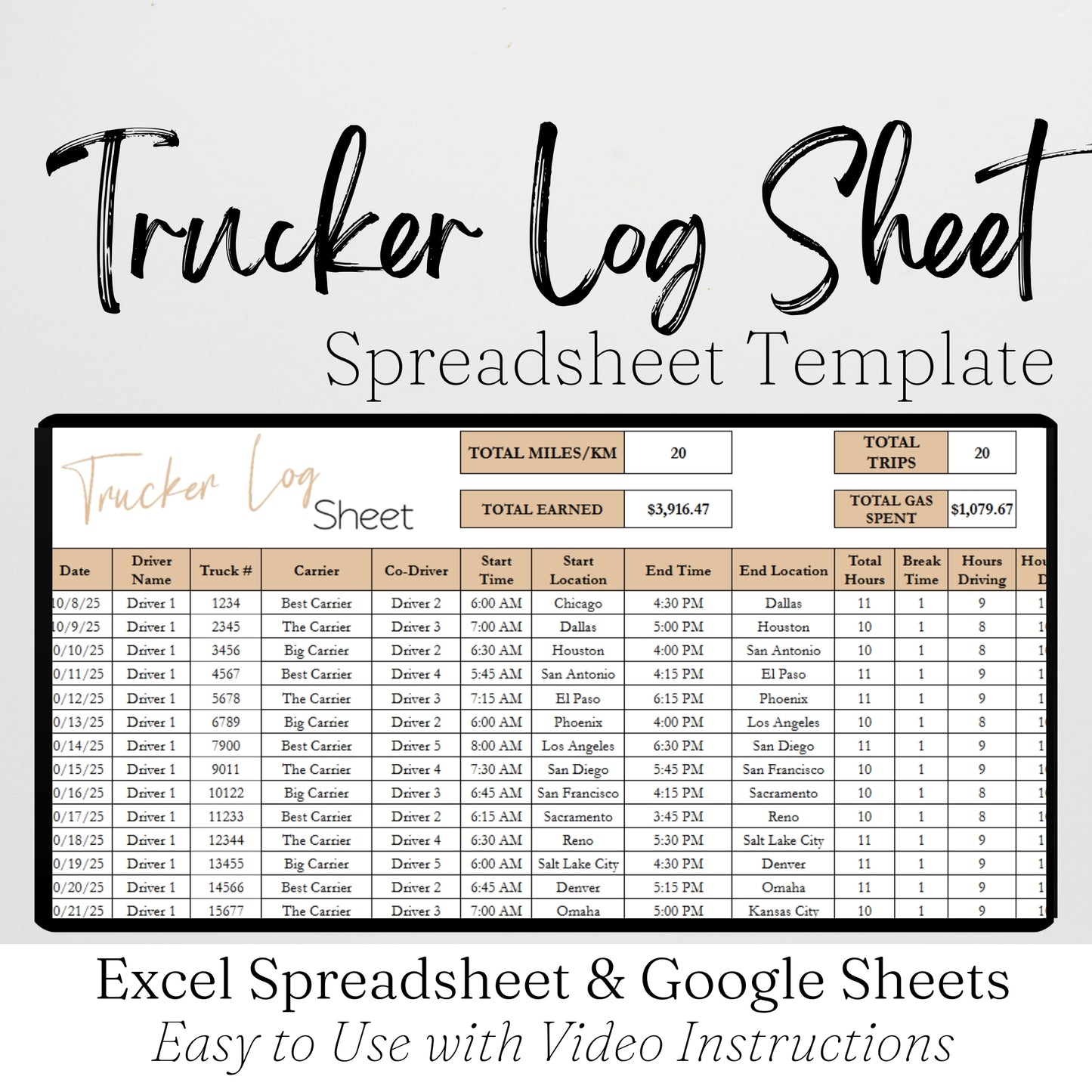 Trucker Log Sheet Template Google Sheets and Excel Spreadsheet