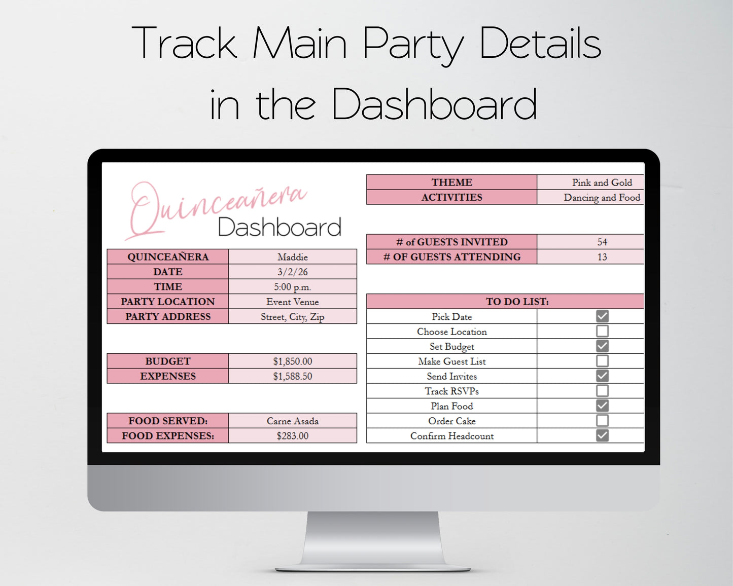 Quinceañera Planner Spreadsheet | Party Planning Template (Google Sheets & Excel) - Budget, Itinerary, Meals, Timeline