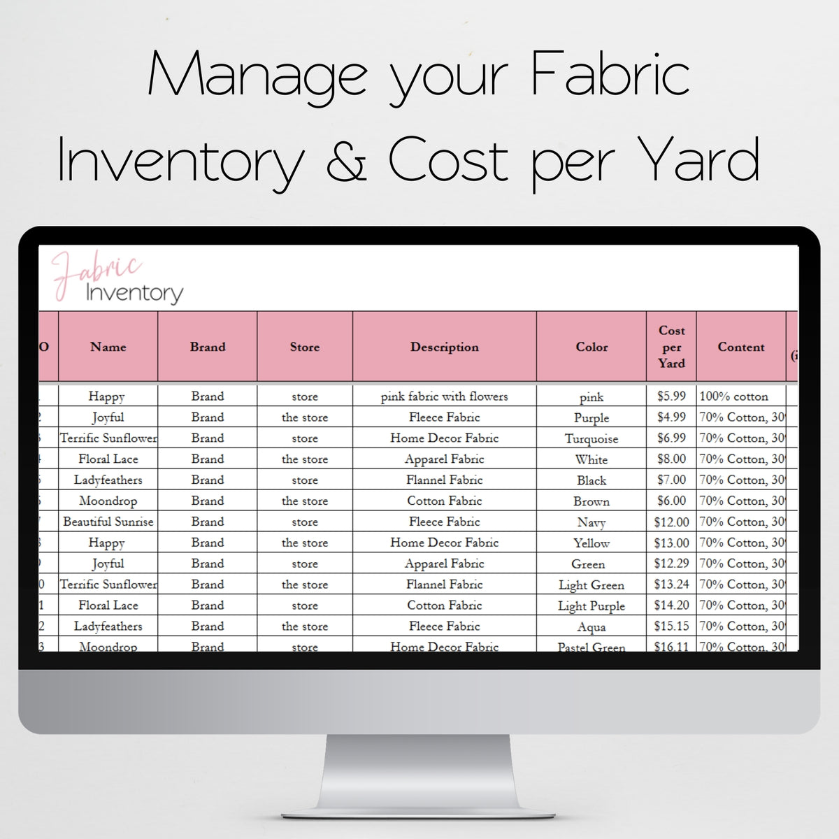 Textile Inventory Fabric Inventory Tracker Google Sheet and Excel Spreadsheet – Savvy and ...