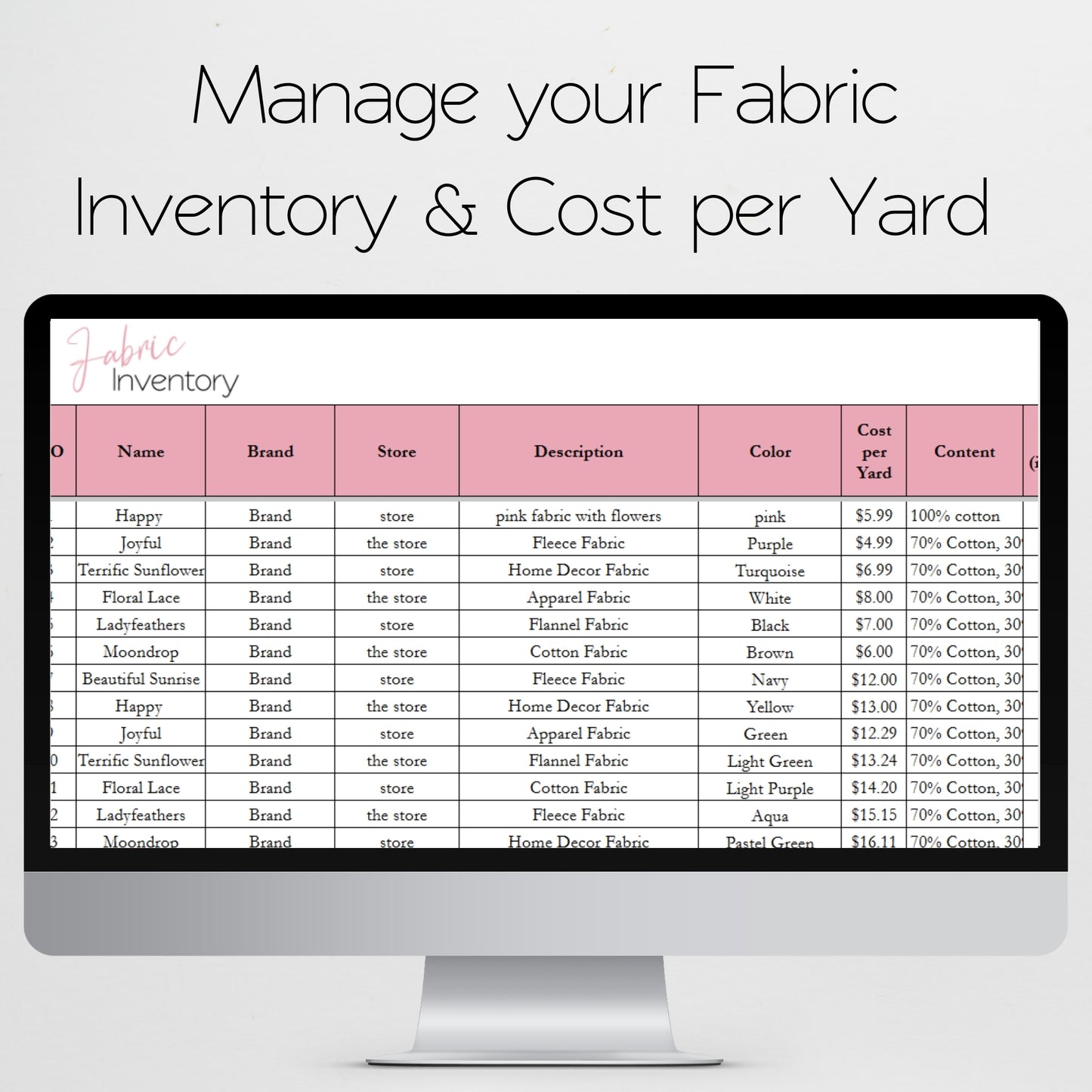 Fabric Inventory Tracker Google Sheet and Excel Spreadsheet