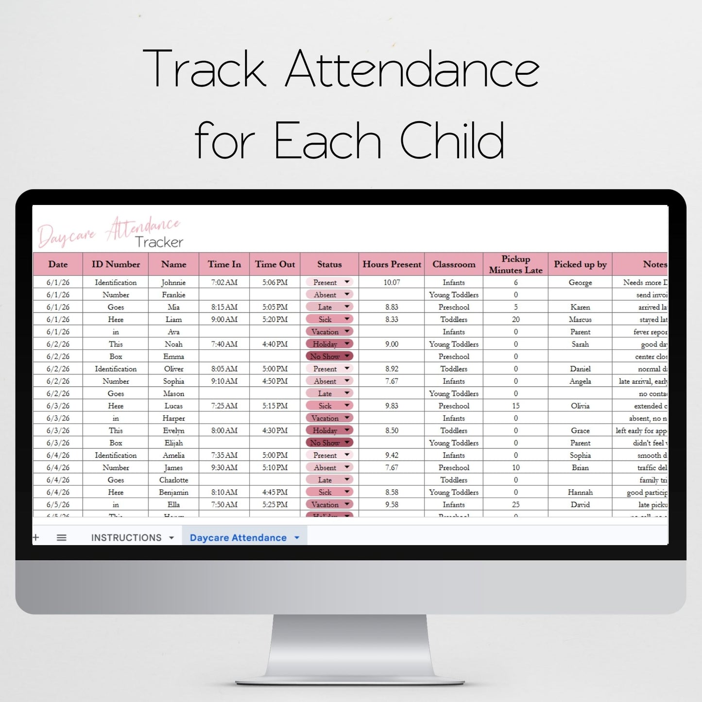 Daycare Attendance Tracker Template – Preschool & Home Childcare Log - Google Sheets and Excel Spreadsheet