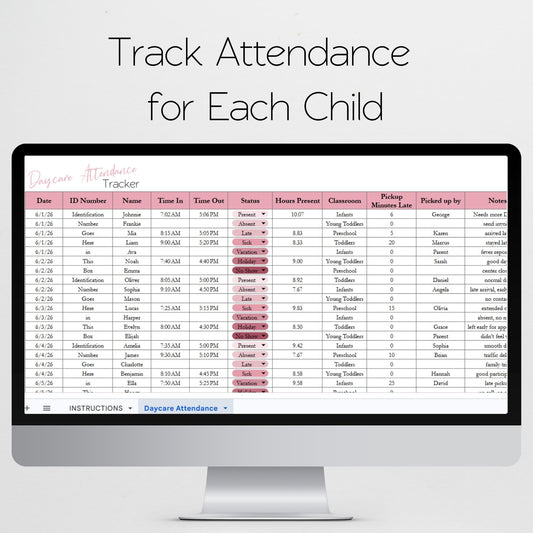 Daycare Attendance Tracker Template – Preschool & Home Childcare Log - Google Sheets and Excel Spreadsheet