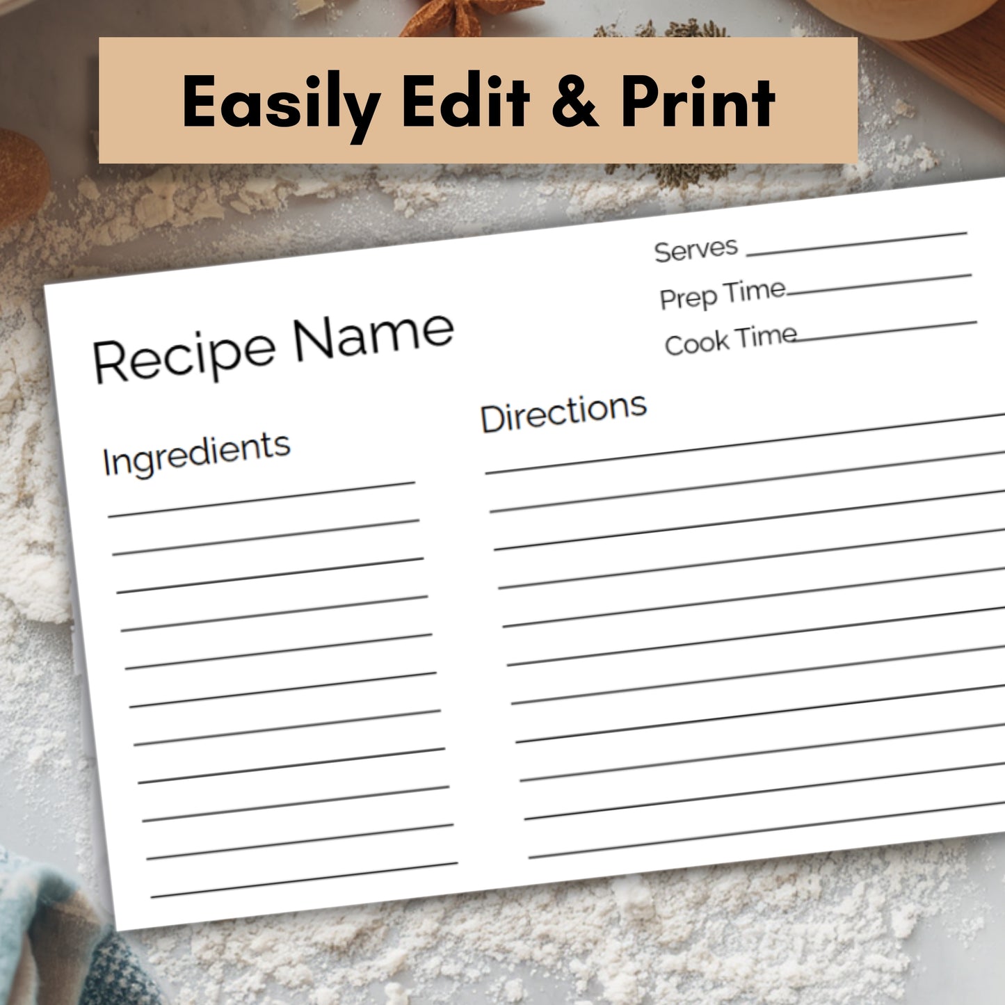 Recipe Card Template - Editable Canva, Digital Download, Minimalist - Comes in 3 Sizes 3 x 5, 4 x 6, Letter