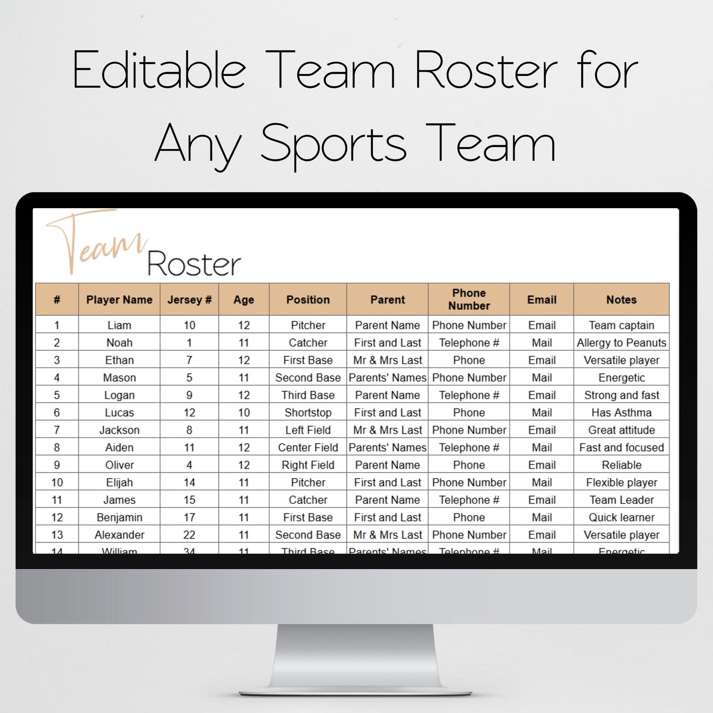 Team Roster Template Google Sheets and Excel Spreadsheet