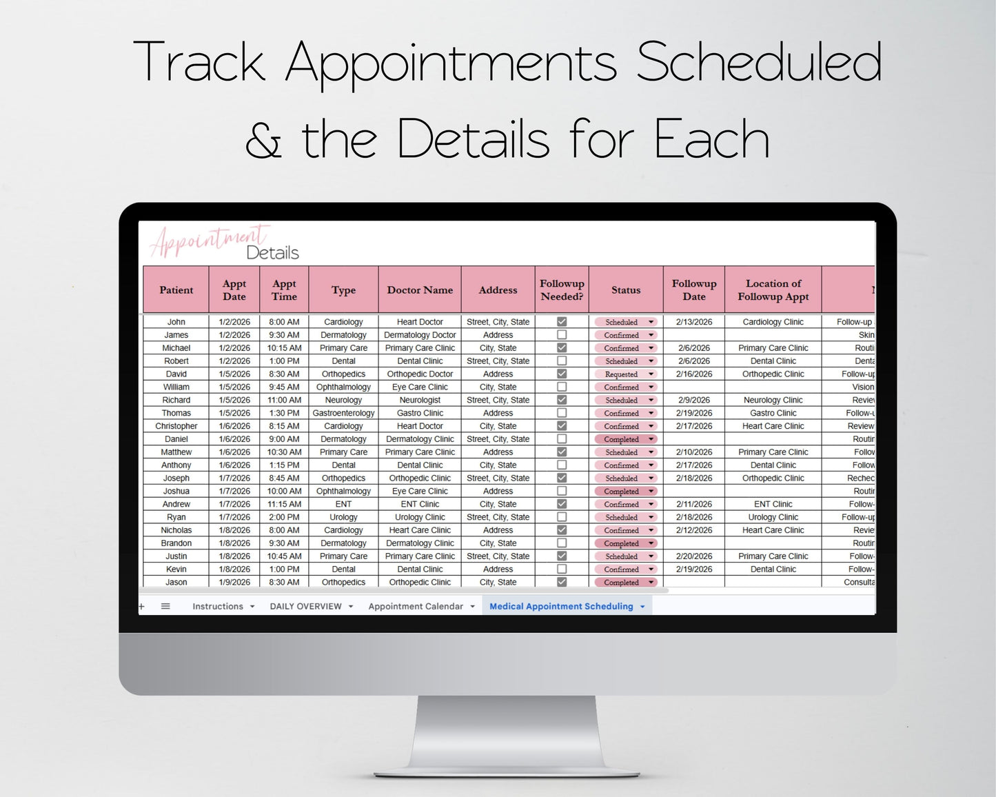 Medical Appointment Scheduler Google Sheets Template | Patient Appointment Tracker & Healthcare Scheduling Spreadsheet
