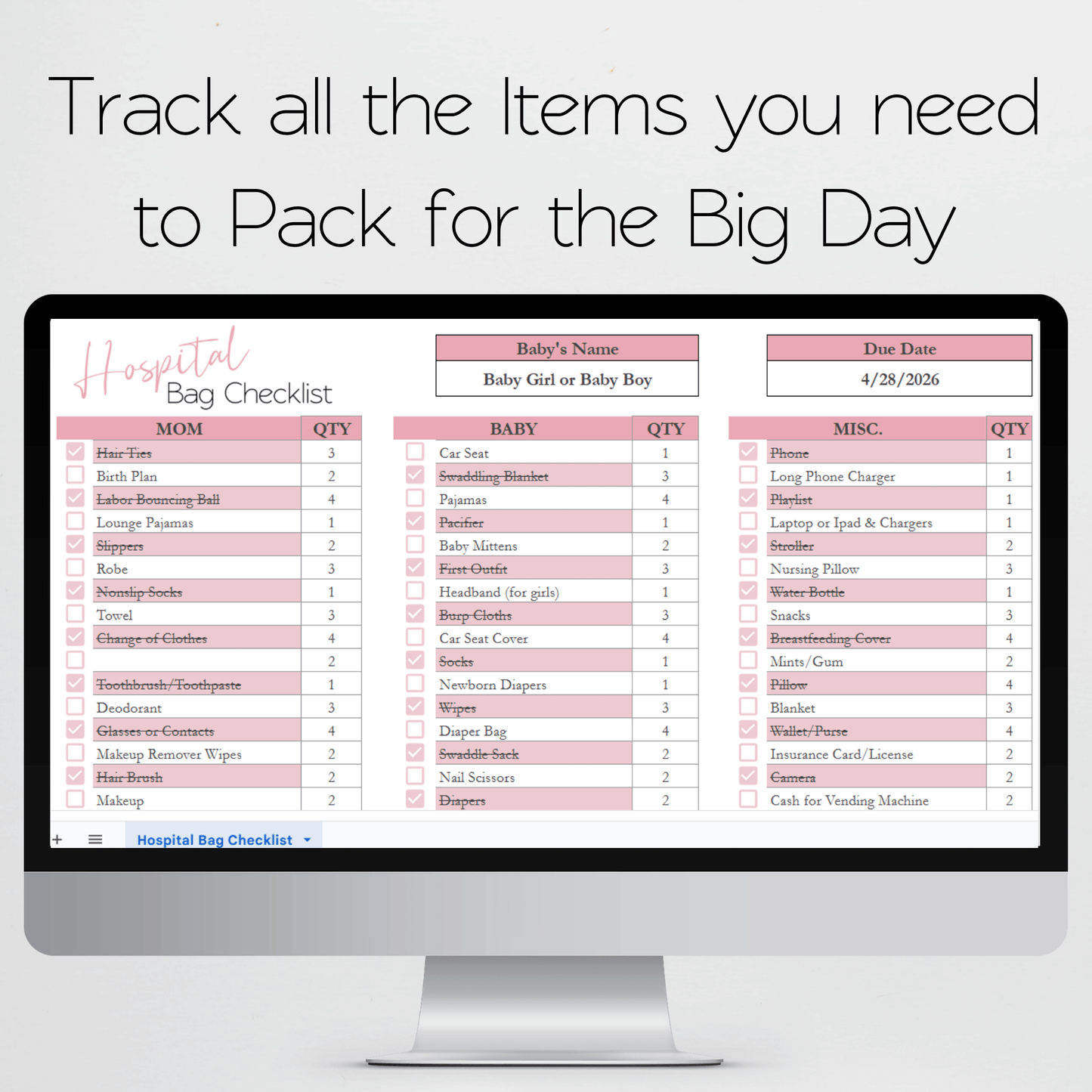 Hospital Bag Checklist Spreadsheet Template Google Sheets and Excel Spreadsheet
