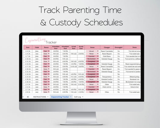 Co-Parenting Tracker | Child Custody Visitation, Expenses, Phone Call Log Google Sheets & Excel Spreadsheet Template | Divorce Planner