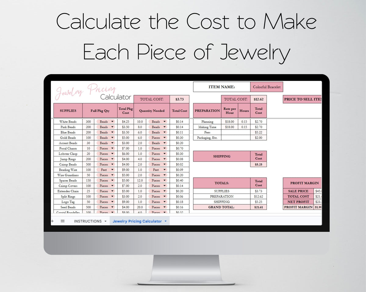 Jewelry Pricing Calculator Google Sheets and Excel | Cost & Profit Spreadsheet for Handmade Jewelry Businesses