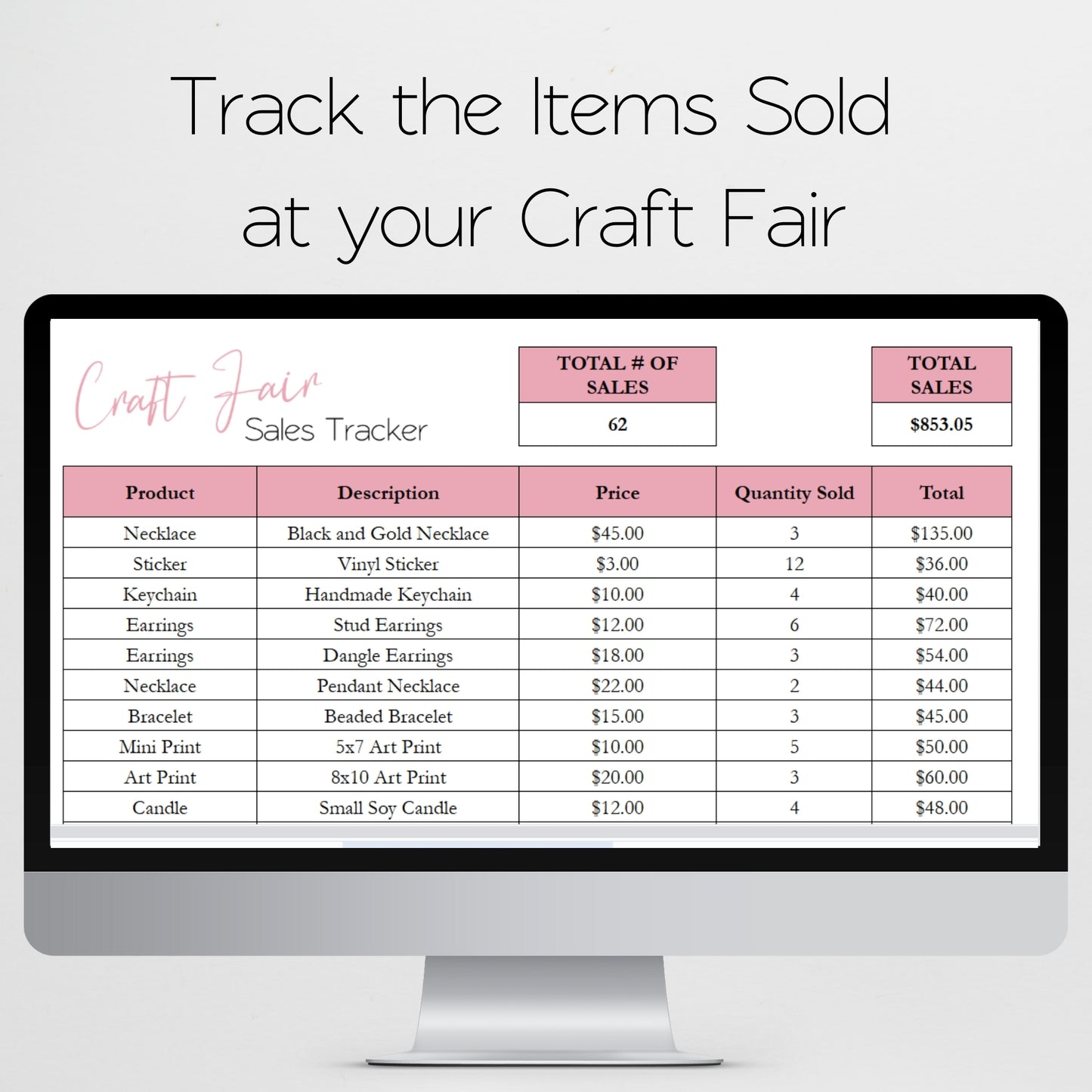 Craft Fair Sales Tracker Template Google Sheets and Excel Spreadsheet