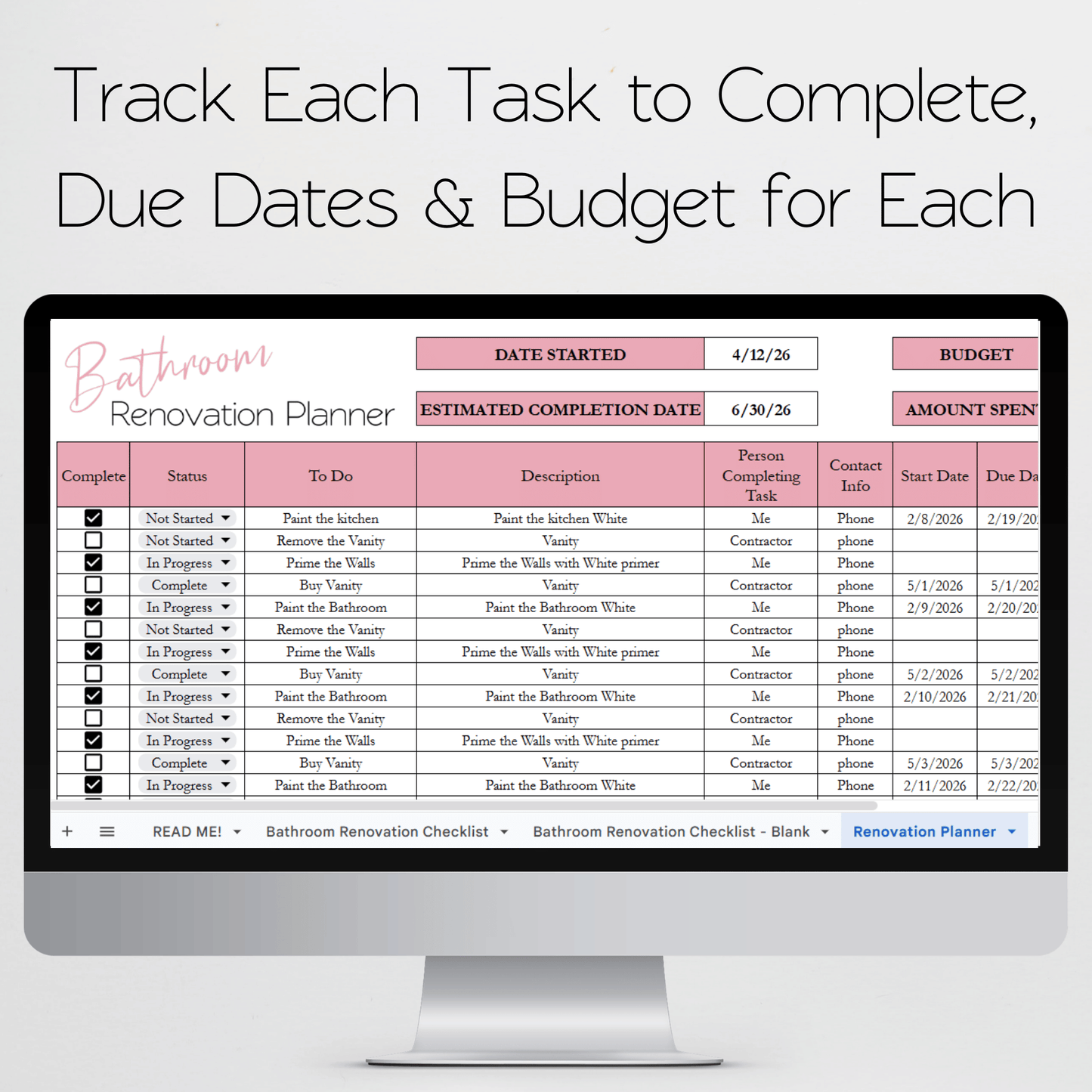 Bathroom Renovation Planner Google Sheet and Excel Spreadsheet Template