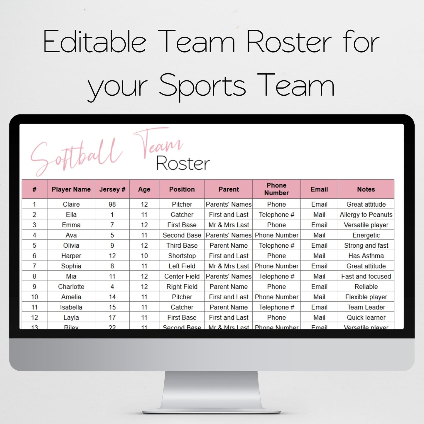 Softball Team Roster & Practice Schedule Template for Google Sheets & Excel | Coach Spreadsheet | Youth Sports Team Organizer | Instant Download