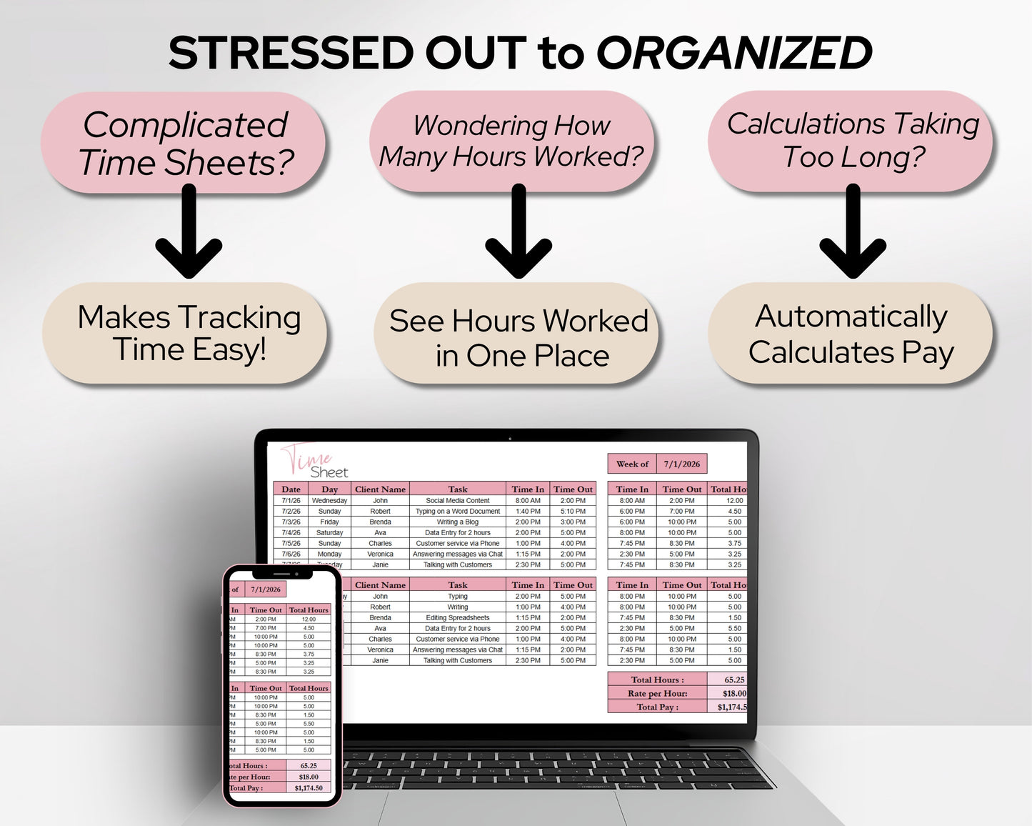 Timesheet Calculator Spreadsheet Template Google Sheets and Excel | Employee Hours Tracker | Pay Calculator