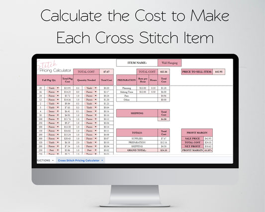 Cross Stitch Pricing Calculator Google Sheets and Excel | Handmade Cost Spreadsheet & Profit Margin Template