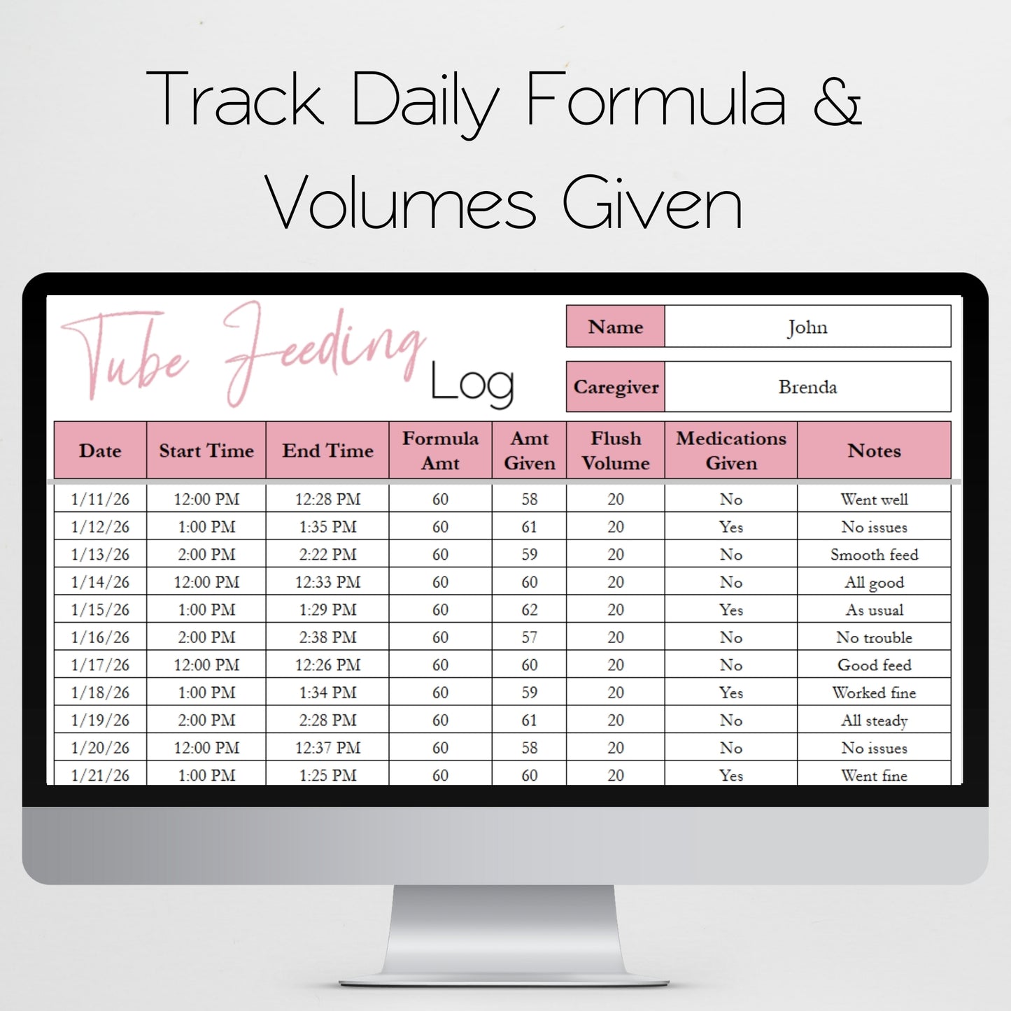 Tube Feeding Log Template Google Sheet and Excel Spreadsheet