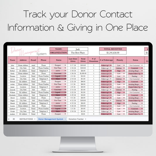 Donor Management Tracker - Stewardship, Engagement CRM & Donation Template for Google Sheets and Excel
