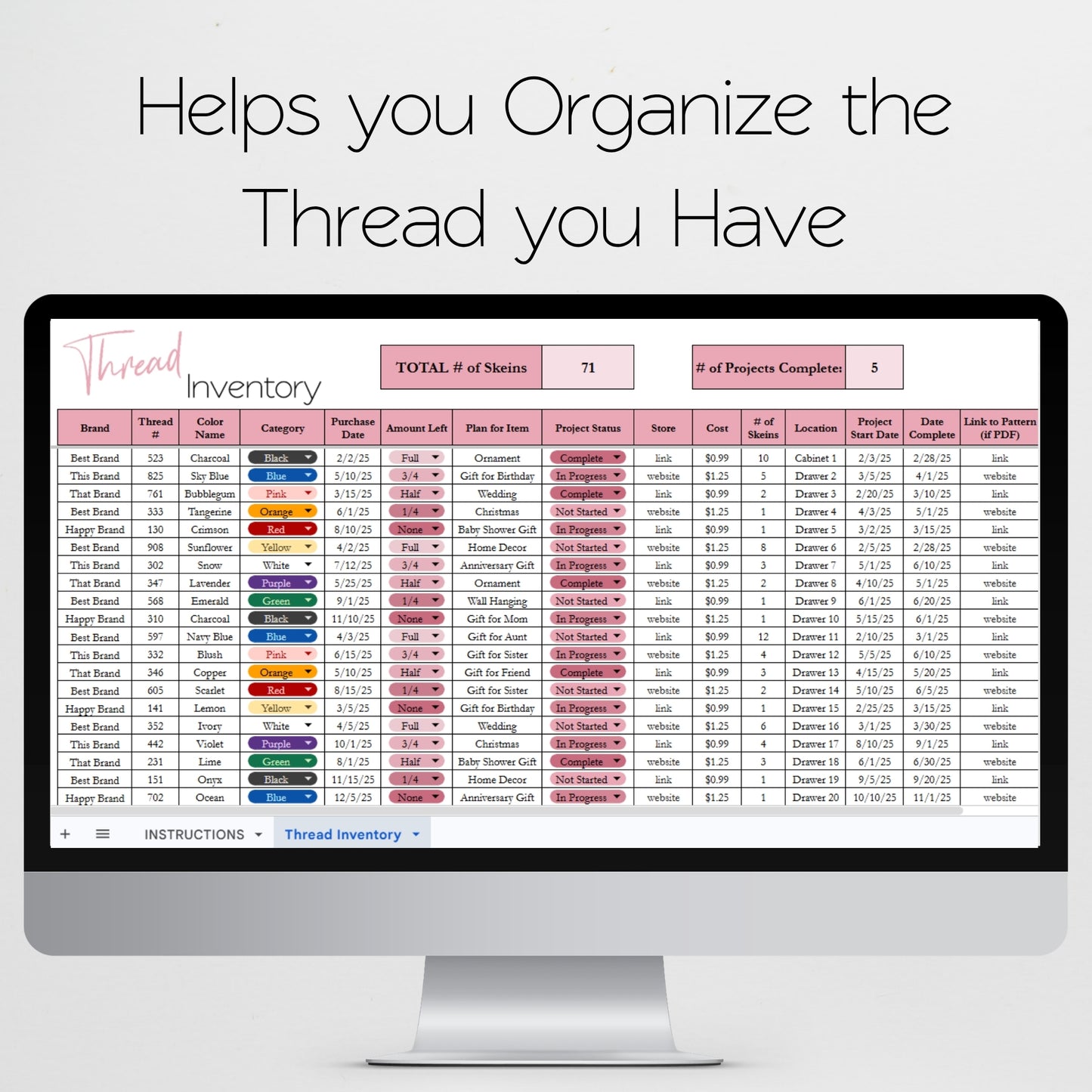 Thread Inventory Tracker Excel Spreadsheet and Google Sheets for Cross Stitch and Embroidery