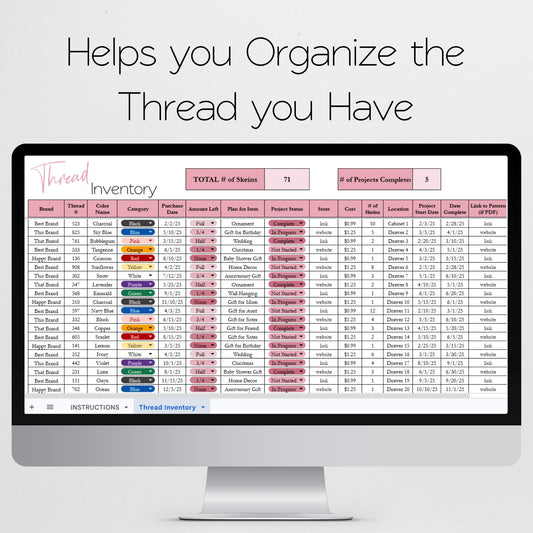 Thread Inventory Tracker Excel Spreadsheet and Google Sheets for Cross Stitch and Embroidery