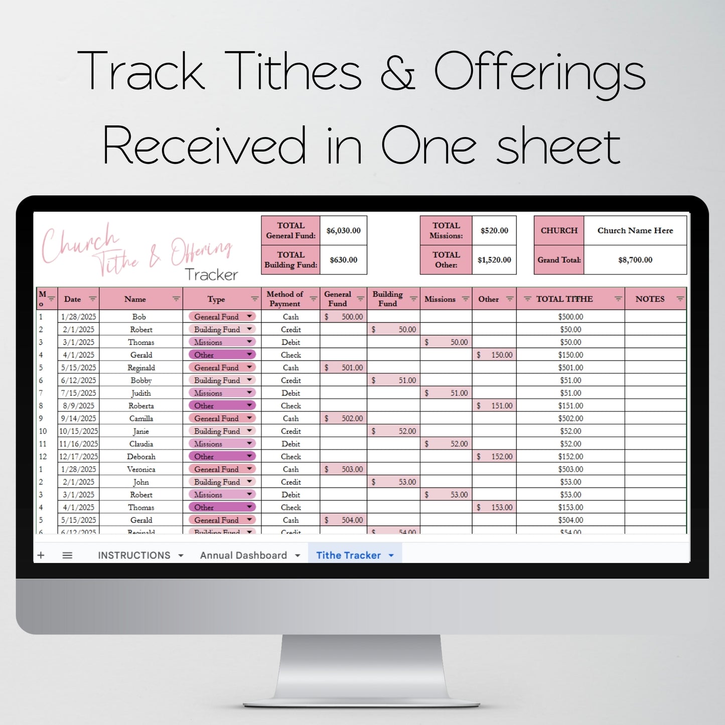 Church Tithing Template Excel Spreadsheet and Google Sheets