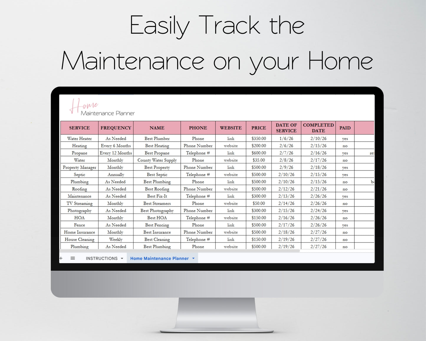 Home Maintenance Tracker Template for Google Sheets and Excel Spreadsheet