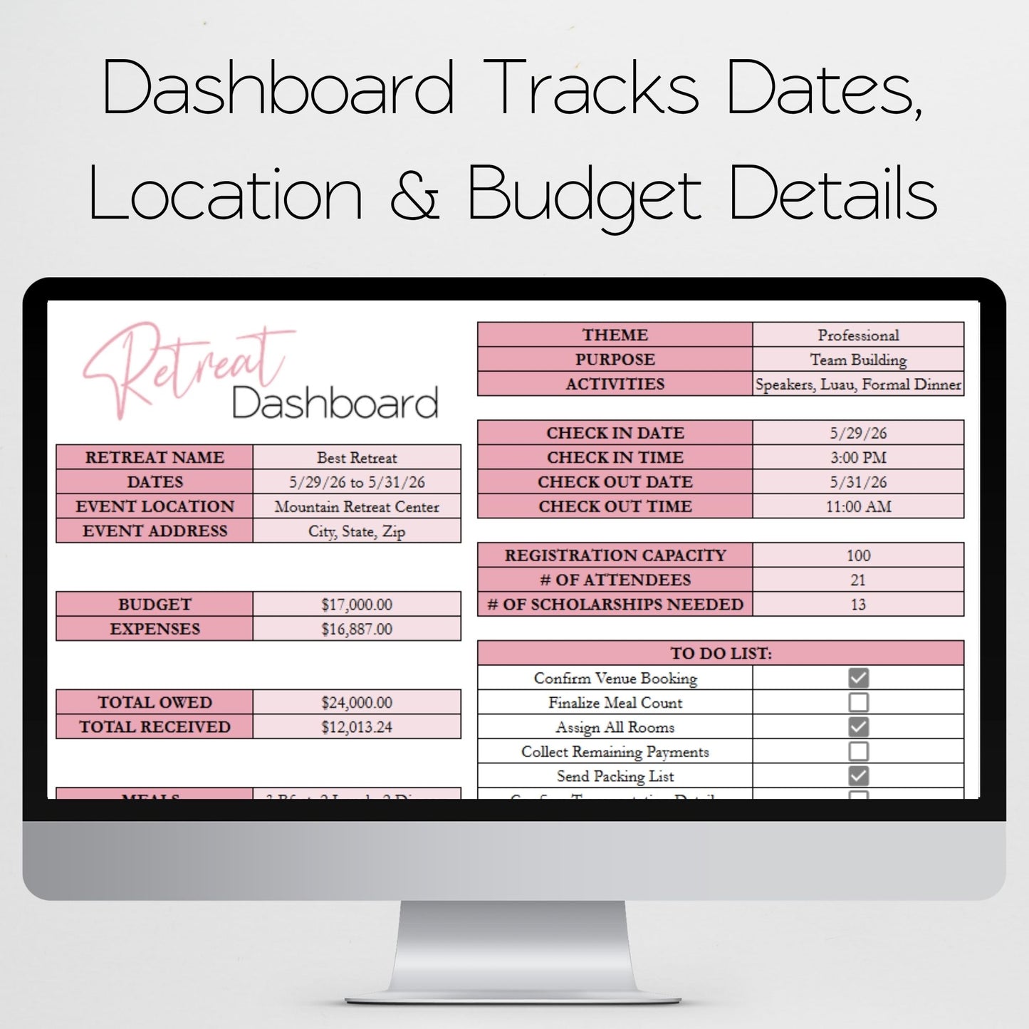 Retreat Planner | Conference, Workshop, Seminar, Convention Planner | Itinerary, Event Budget, Expense Tracker, Meal Planner, Registration Tracker, Attendee List | Google Sheets Excel Template