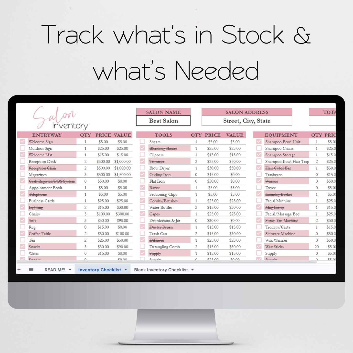 Salon Inventory Tracker Google Sheet and Excel Spreadsheet Template