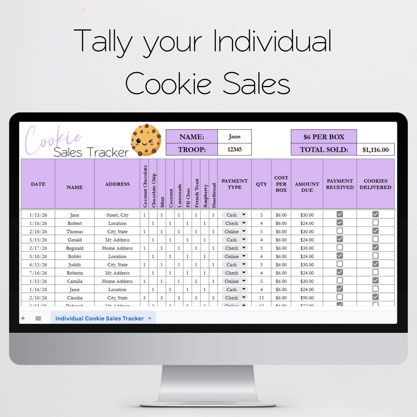 Cookie Sales Tracker Template Google Sheets and Excel Spreadsheet