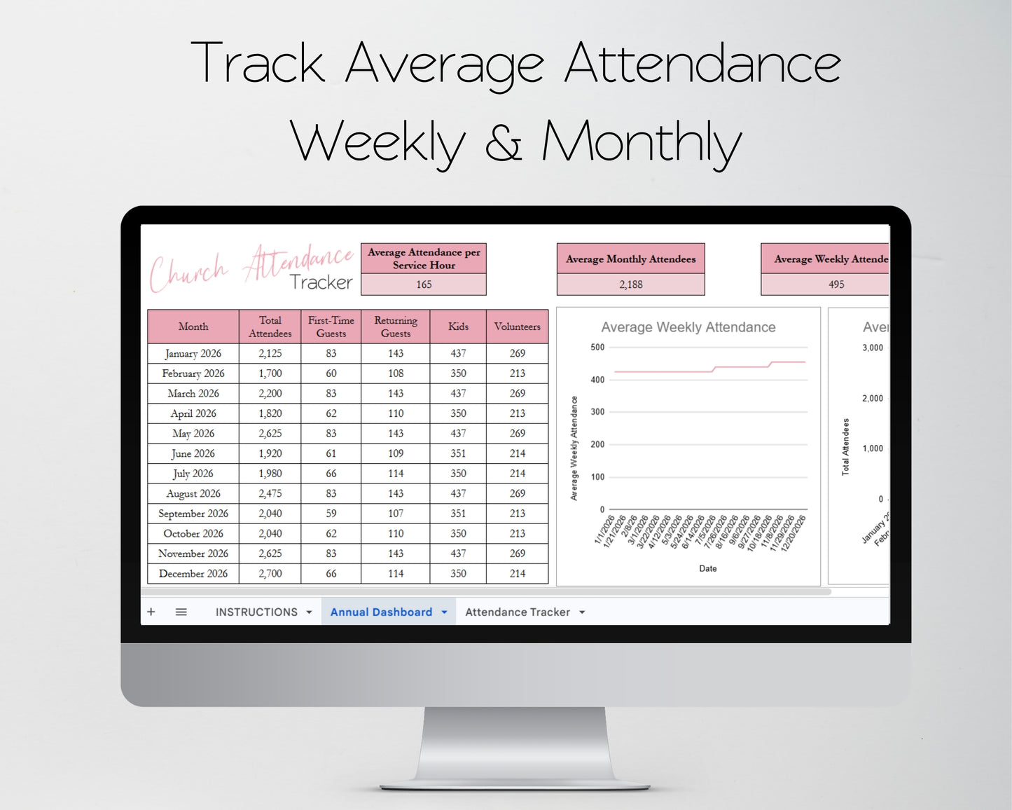 Church Attendance Tracker - Sunday Service, Regular Attendees, Visitors, Kids, Monthly & Annual Charts - Google Sheets and Excel Spreadsheet Template