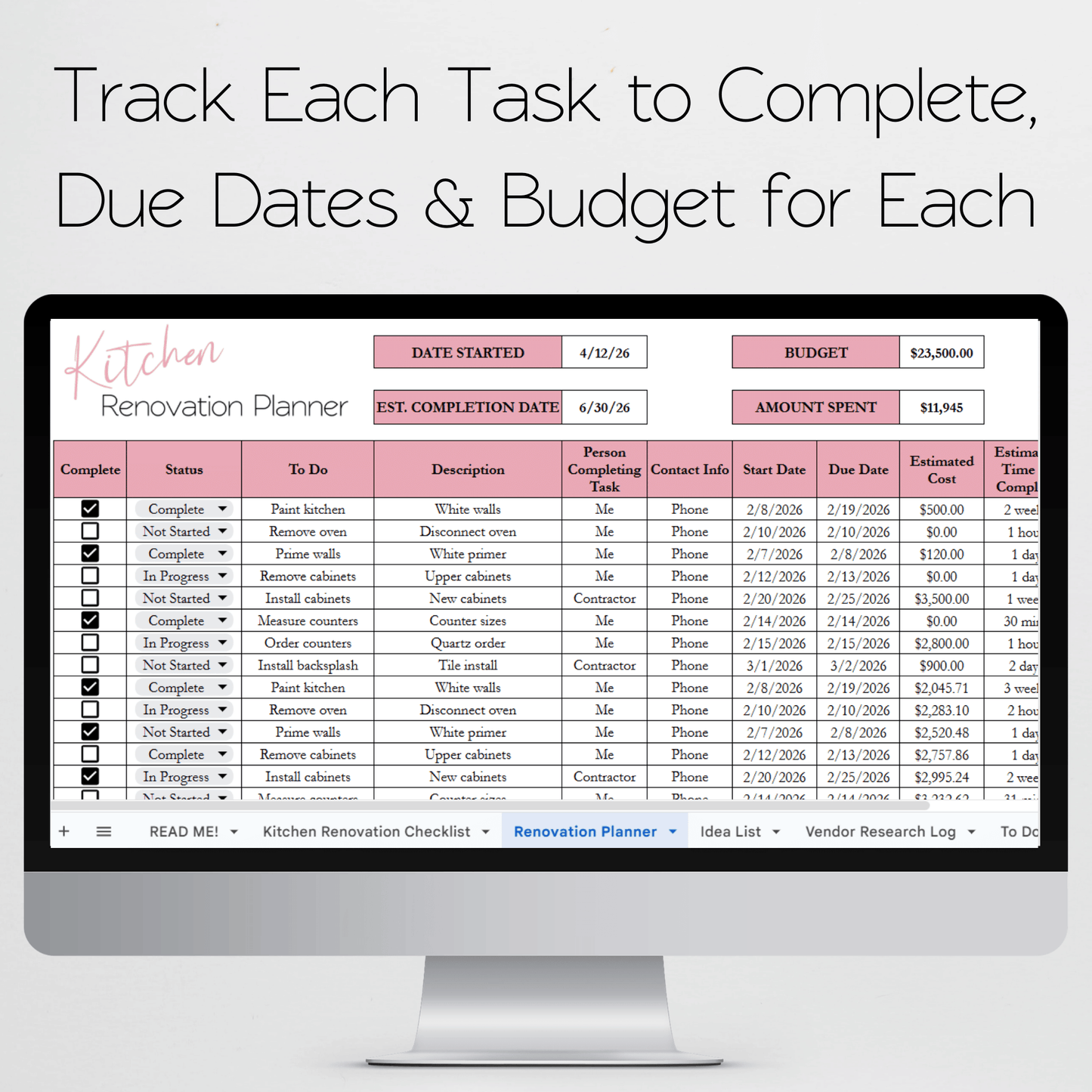Kitchen Renovation Planner Google Sheets and Excel Spreadsheet