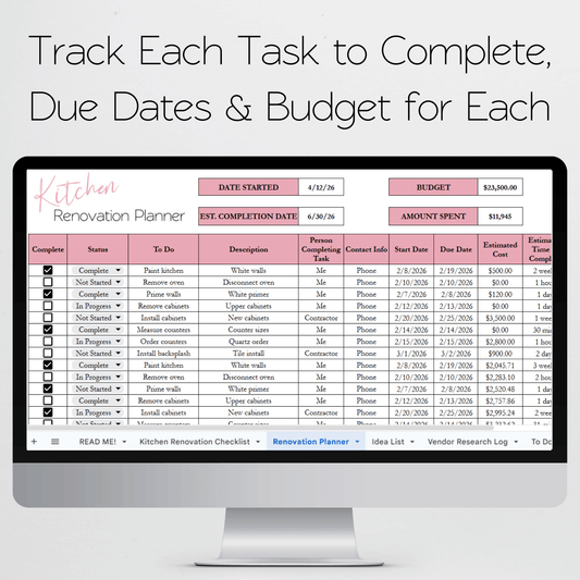 Kitchen Renovation Planner Google Sheets and Excel Spreadsheet