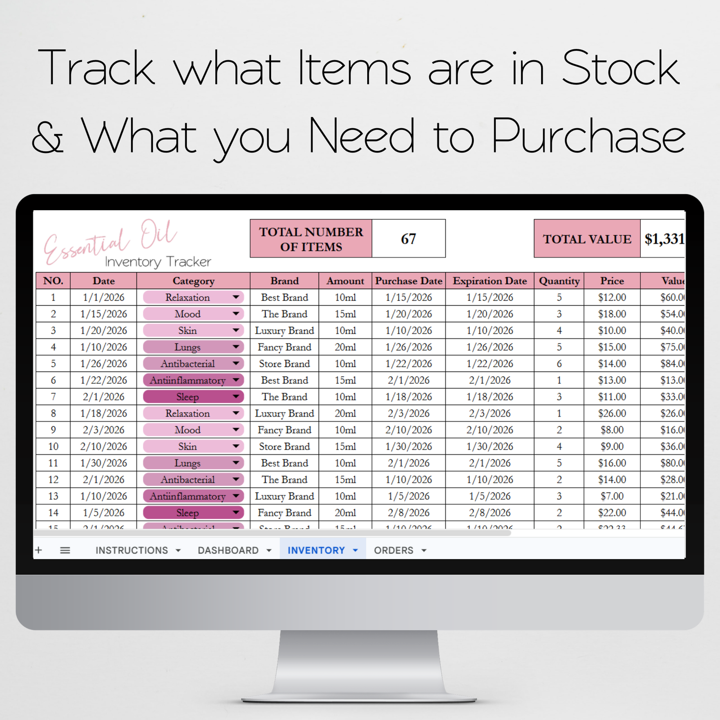 Essential Oil Inventory Tracker Template Google Sheet and Excel Spreadsheet