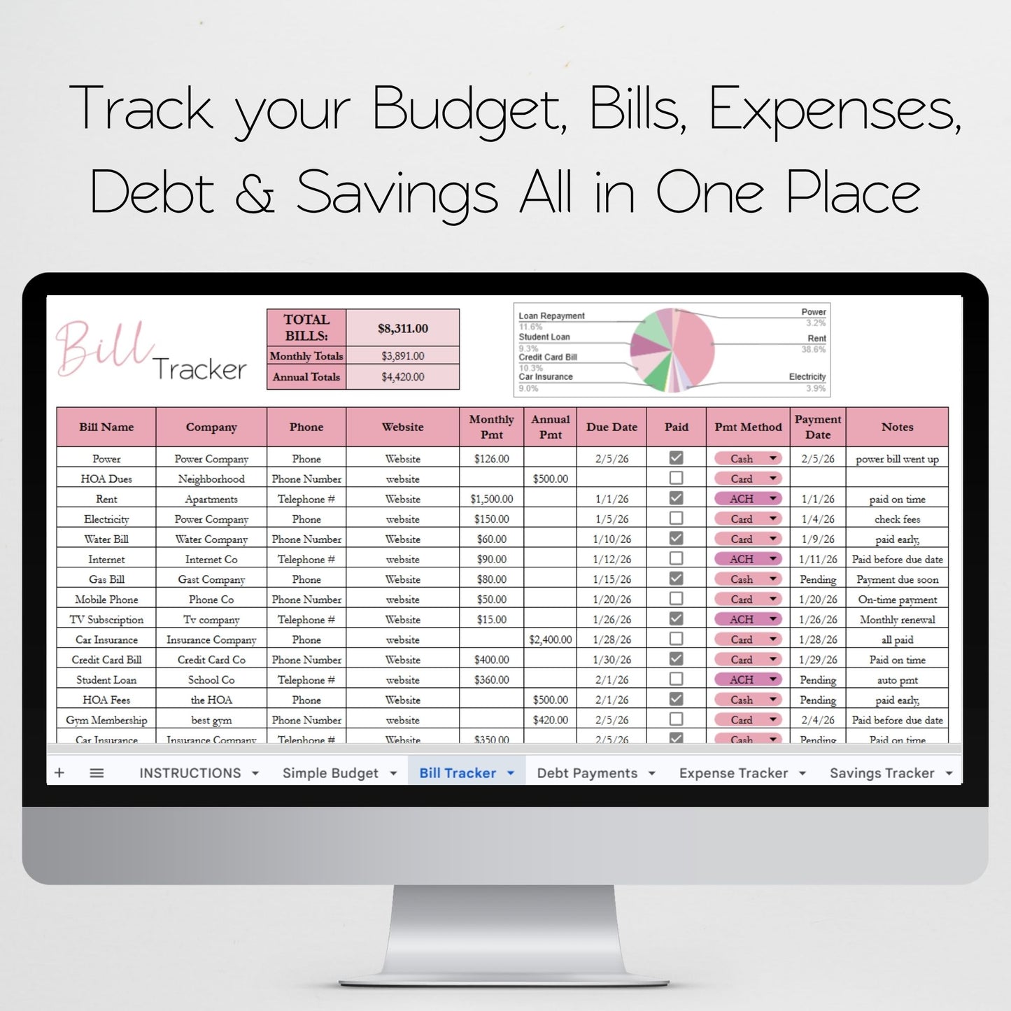 Simple Budget Template Google Sheets and Excel Spreadsheet Bundle with Budgeting Planner, Expense Tracker, Debt Tracker, Savings Tracker