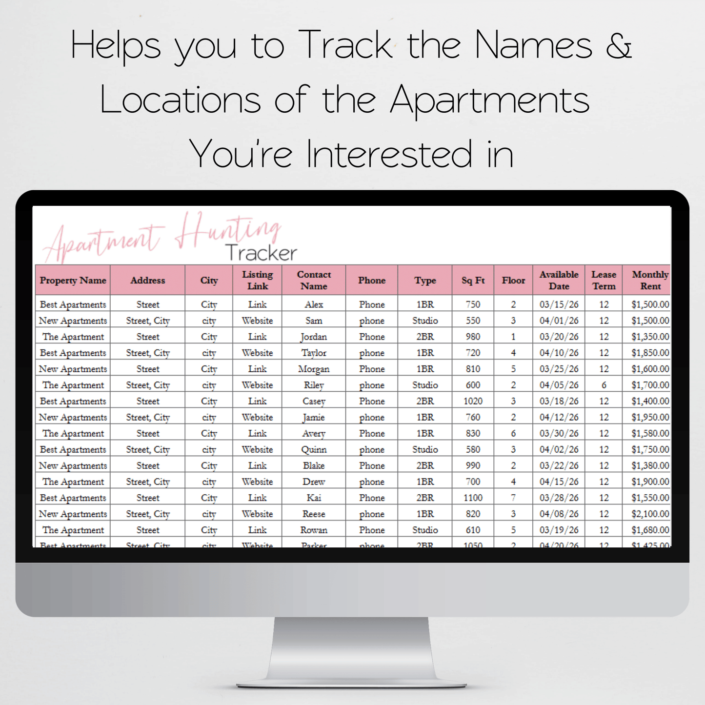 Apartment Hunting Spreadsheet Template Google Sheets and Excel Spreadsheet - Price Comparison and Amenities Tracker