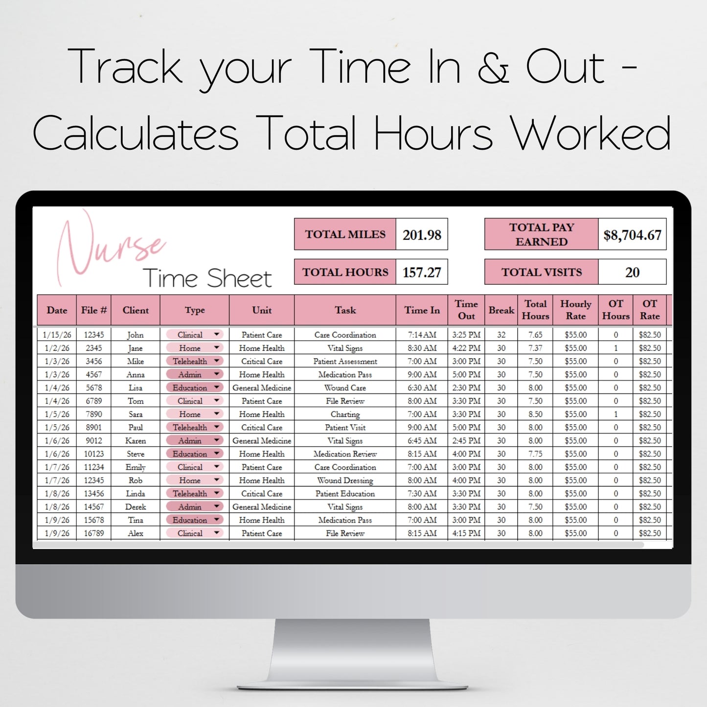 Nurse Time Sheet Spreadsheet Template Google Sheets and Excel Spreadsheet