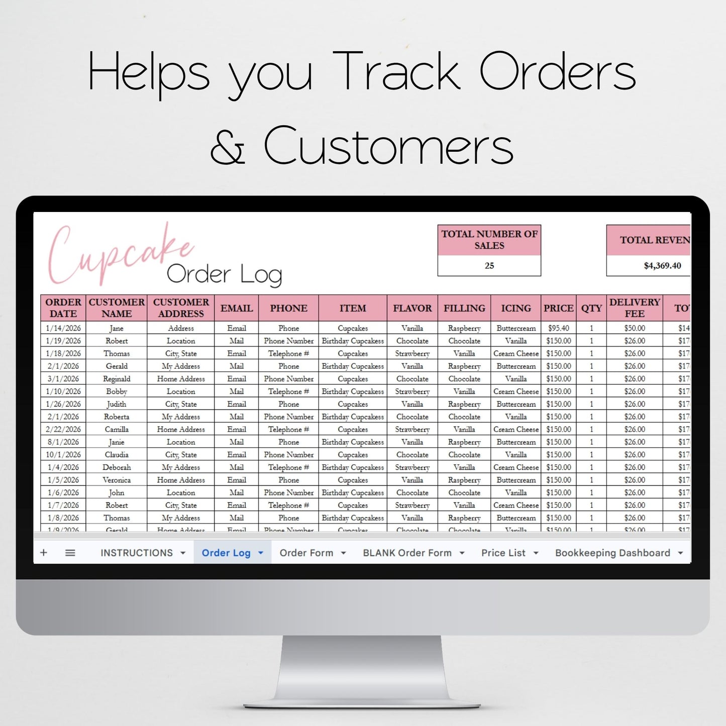 Cupcake Business Spreadsheet Template: Order Tracking, Pricing & Cost Calculator, Inventory Tracker for Google Sheets & Excel for Home Bakers