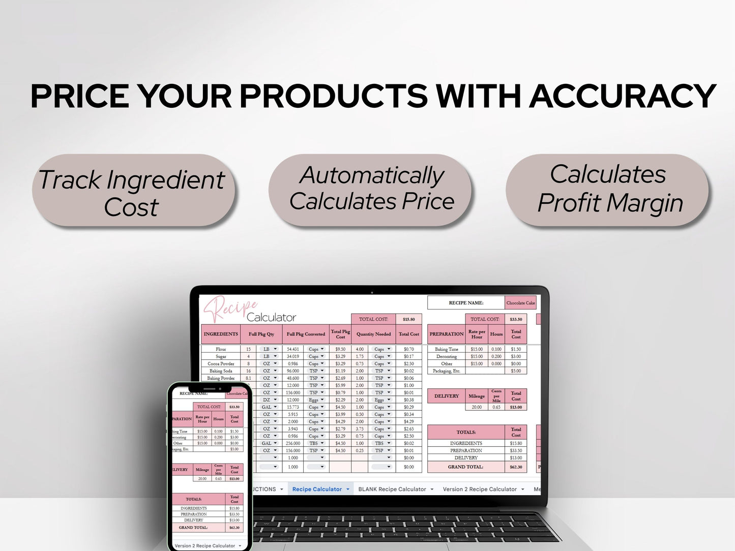 Recipe Cost Calculator Spreadsheet | Product Pricing & Profit Margin Template for Home Bakery Businesses | Google Sheets & Excel Spreadsheet Template