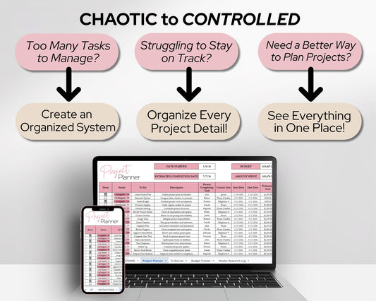 Project Tracker Template Spreadsheet | Project Management Planner for Tasks, Budget, Timeline & Vendor Tracking