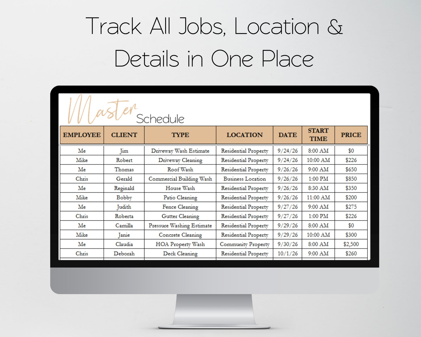 Pressure Washing Business Template Bundle - Google Sheets & Excel - Income and Expenses, Schedule, Job and Client Tracking