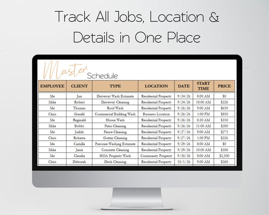 Pressure Washing Business Template Bundle - Google Sheets & Excel - Income and Expenses, Schedule, Job and Client Tracking