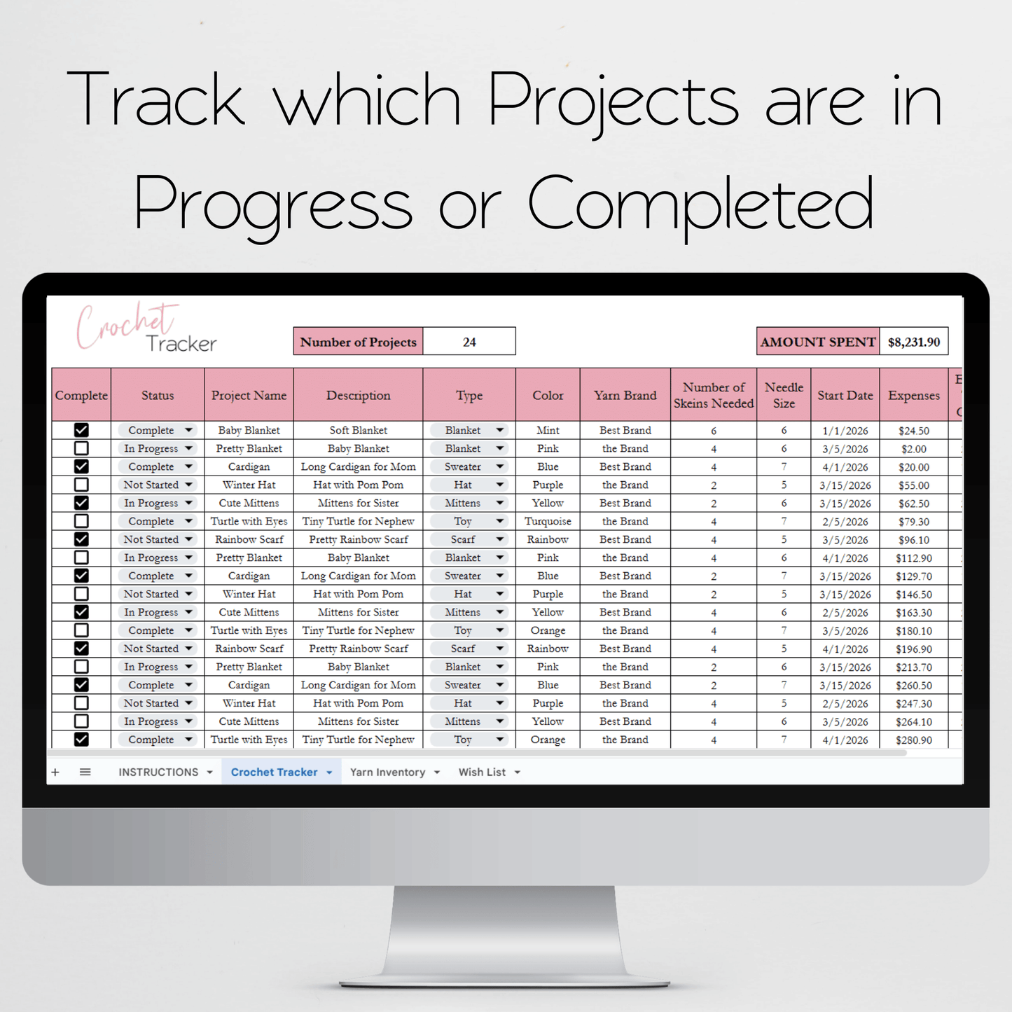 Crochet Planner Template Google Sheet and Excel Spreadsheet