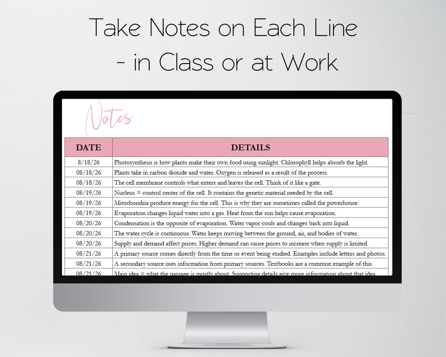 Note Taking Template – Google Sheets and Excel Spreadsheet –  Digital Journal for College Students & Meetings – Editable, Printable