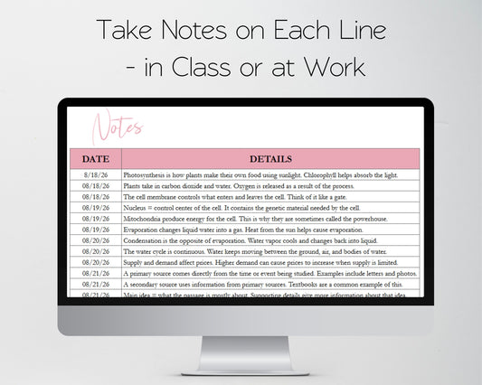 Note Taking Template – Google Sheets and Excel Spreadsheet –  Digital Journal for College Students & Meetings – Editable, Printable