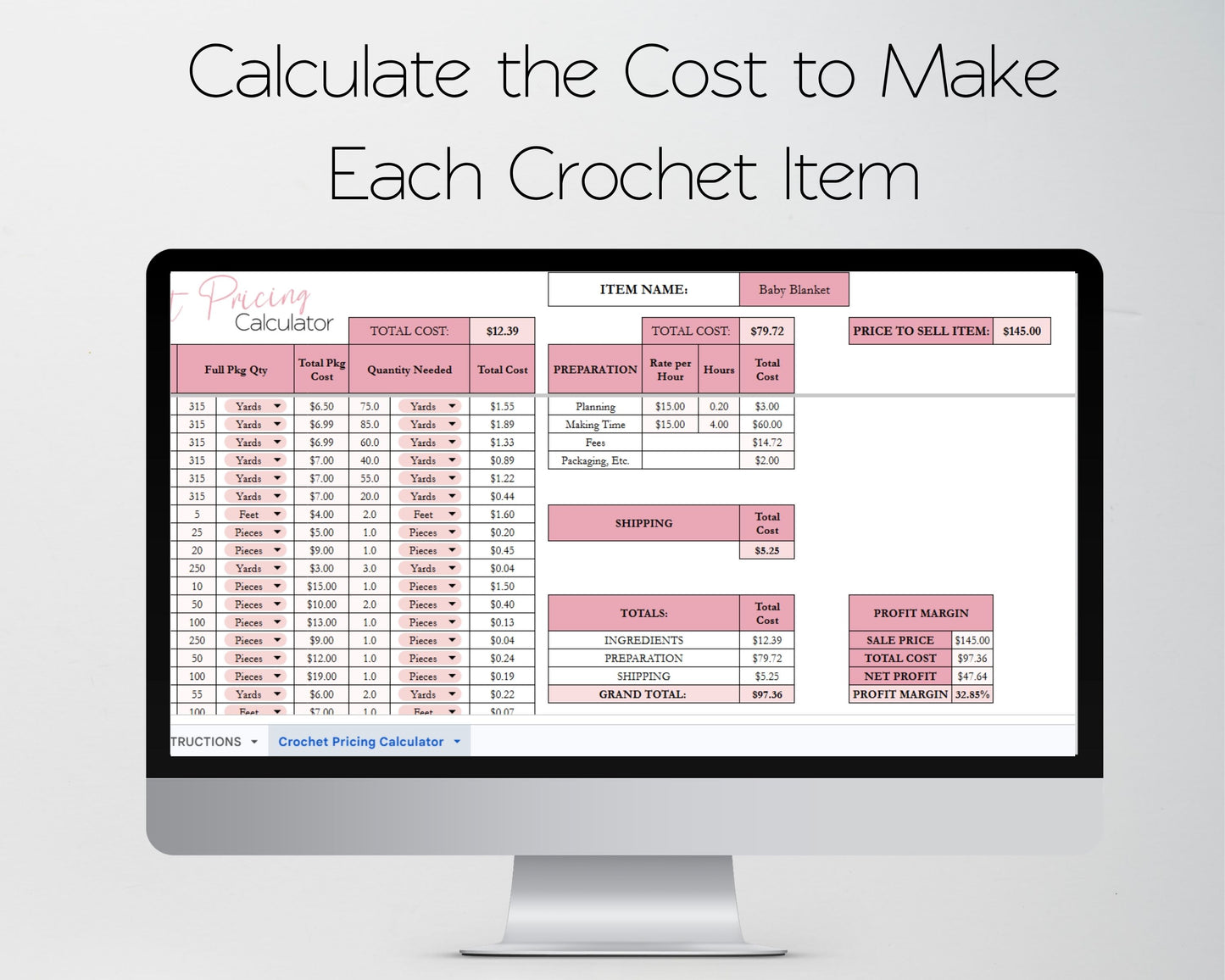 Crochet Pricing Calculator Google Sheets and Excel Spreadsheet Template | Handmade Product Cost & Profit Spreadsheet