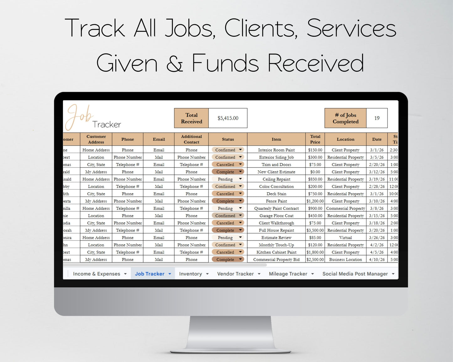 Painting Business Template Google Sheets & Excel Spreadsheet for Painters, Contractors & Handyman