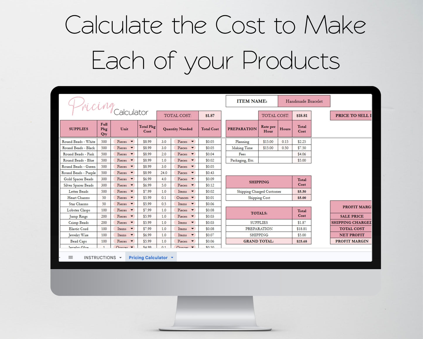 Pricing Calculator Spreadsheet | Google Sheets & Excel Business Template | Easily Price your Products & Know Profit Margin
