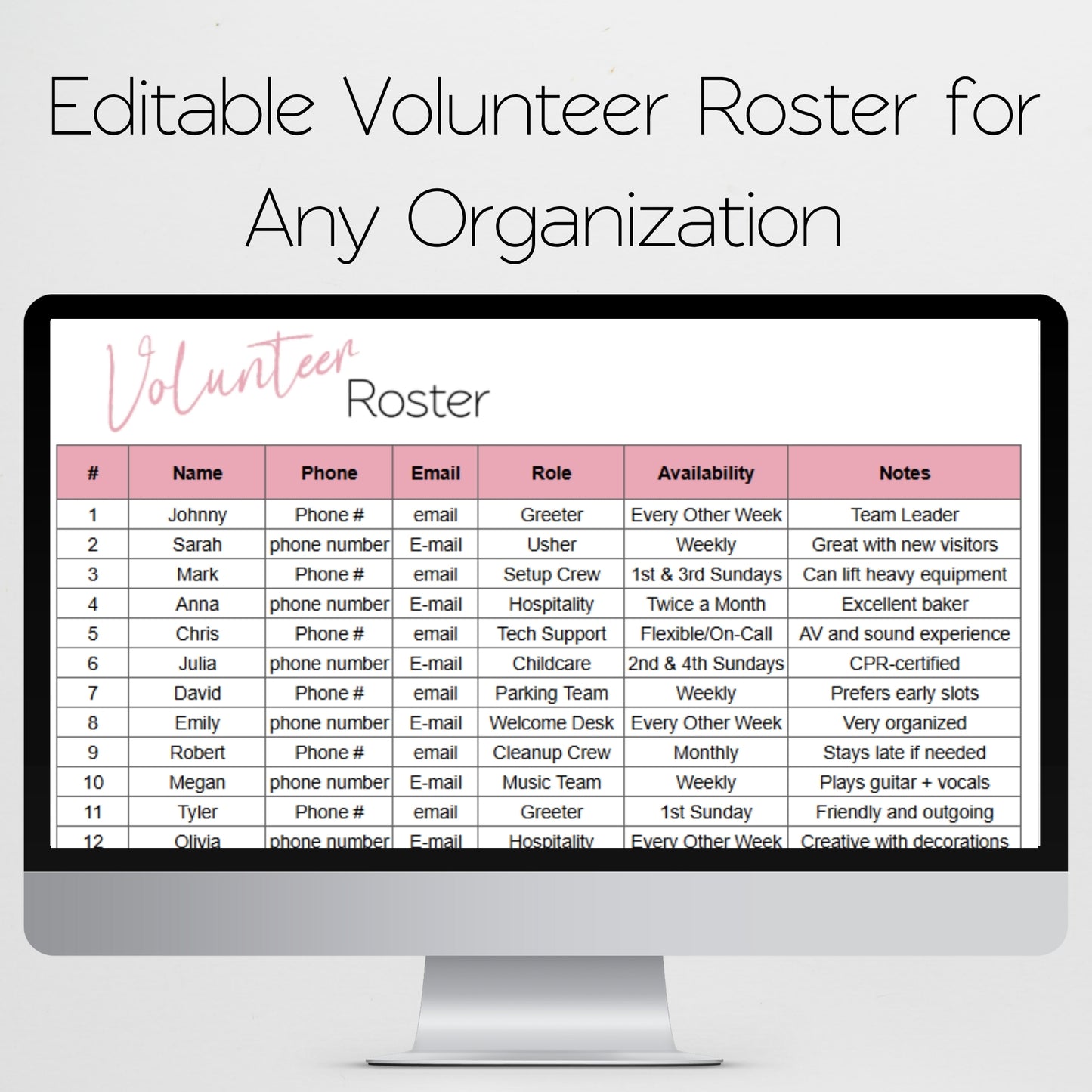 Volunteer Roster Template Google Sheets and Excel Spreadsheet