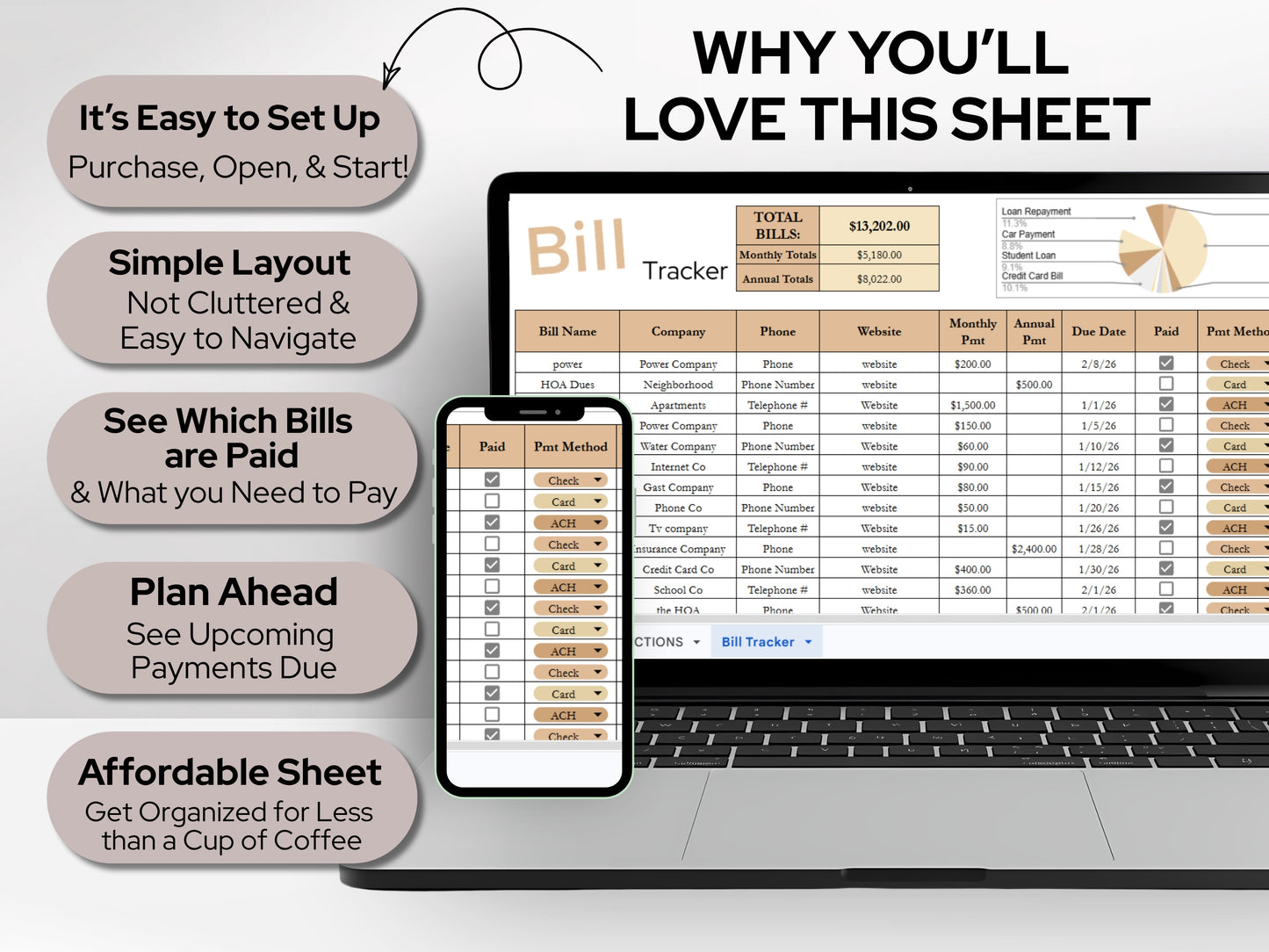 Bill Payment Tracker: Minimalist Monthly Expense Spreadsheet Template (Google Sheets & Excel)