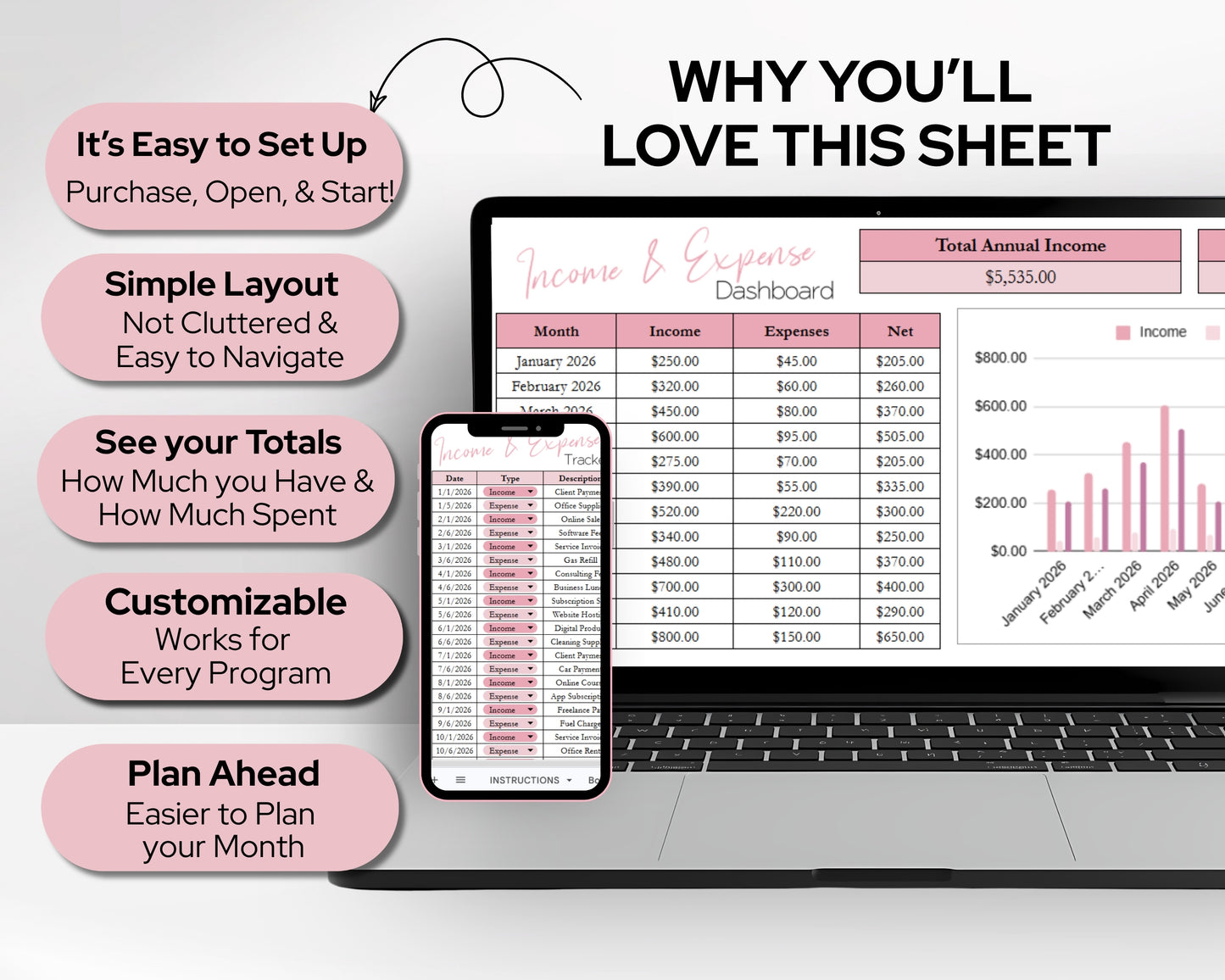 Income & Expense Tracker Spreadsheet Template - Google Sheets and Excel Bookkeeping Template | Monthly & Annual Financial Dashboard