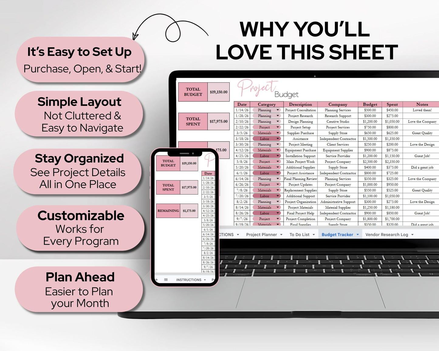 Project Tracker Template Spreadsheet | Project Management Planner for Tasks, Budget, Timeline & Vendor Tracking